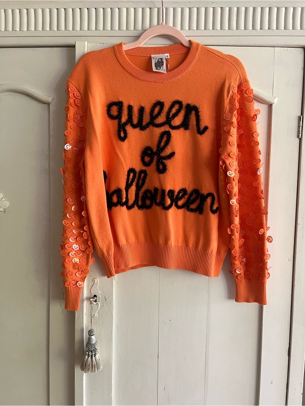 NWT Queen of Sparkles Halloween Orange Sequin Pumpkin Sleeve Sweater Small